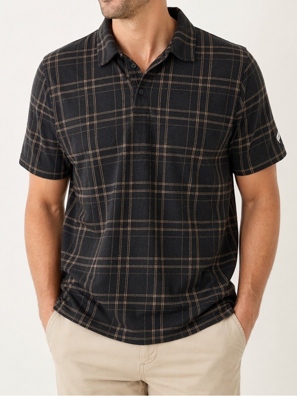 Fabletics | Men’s Black Windowpane Plaid Polo Shirt Size L
